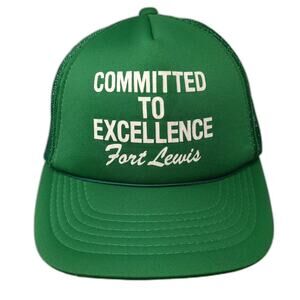 THAT HAT Green White Trucker Hat Fort Lewis Committed To Excellence OS Snapback